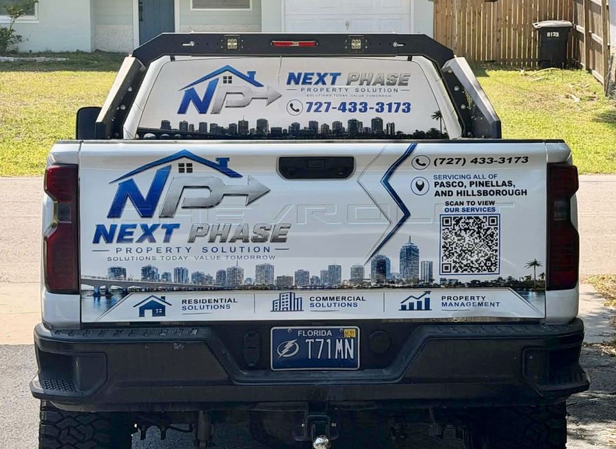 Business Truck Wrap Tailgate Window Film Graphics — Fly Visuals FL